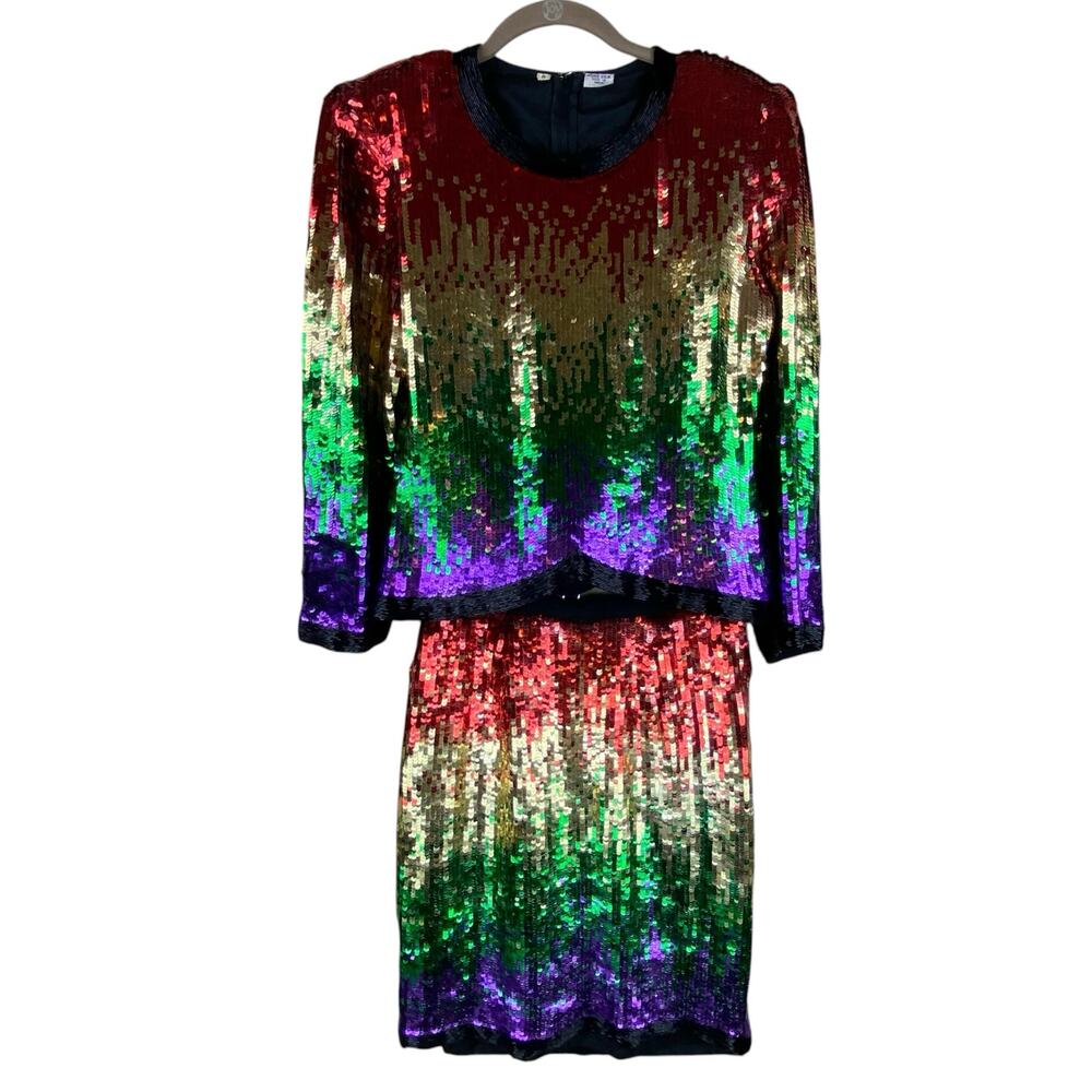 Vintage Rainbow Sequin Top And Skirt Set Size M Colorful Festive Party